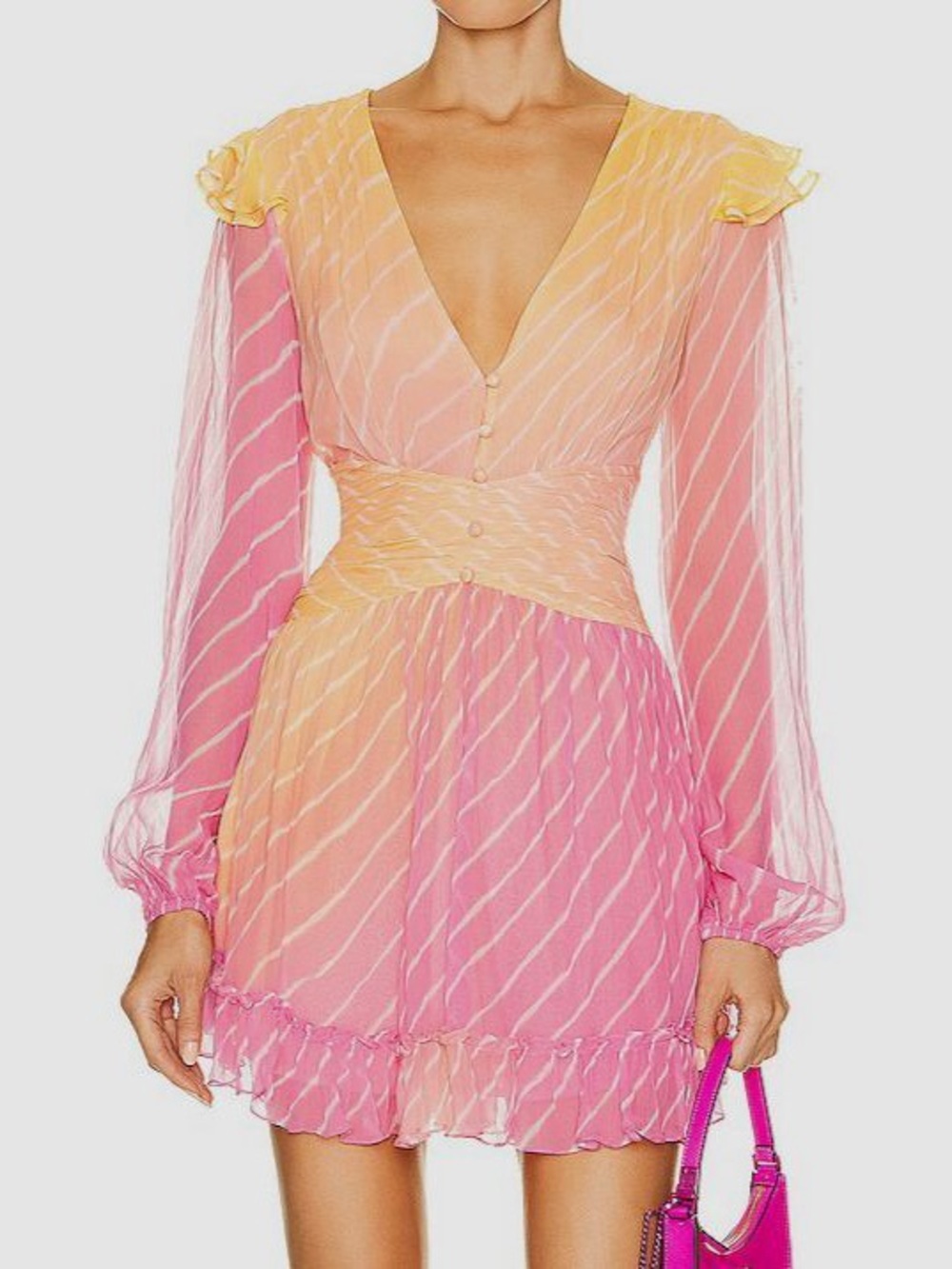 Rococo Sand Pink and Yellow Ombre V-Neck Mini Dress
